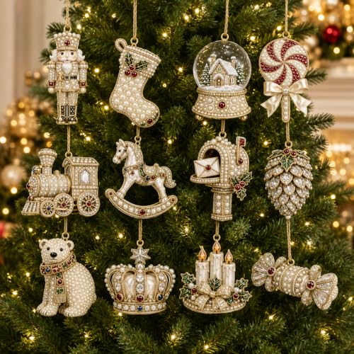 DIY Christmas Ornament Kit - 12 Acrylic Decorations with Pearls & Gems (Style 6)