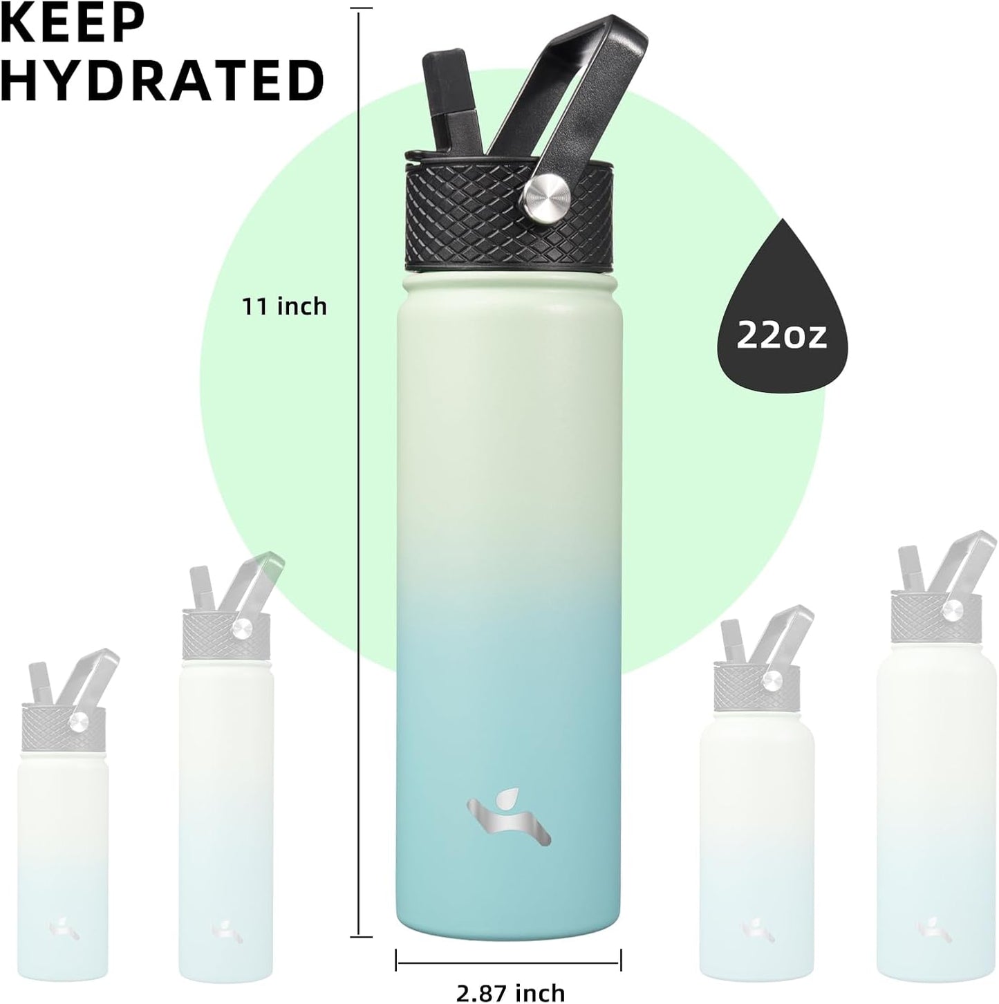 Skiennix 22oz Stainless Steel Insulated Water Bottle - 3 Lids, Mint Color