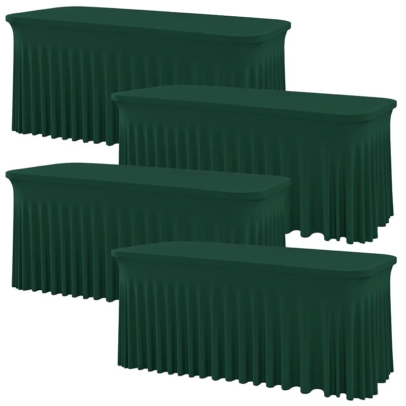 4 Pack 6ft Hunter Green Spandex Tablecloths - Fitted 72 Inch Table Cover, Wrinkle-Resistant