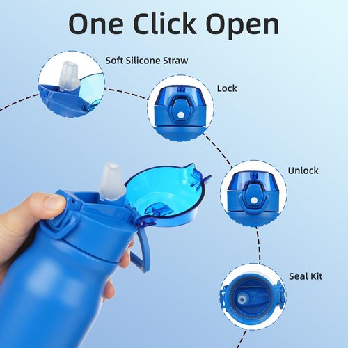 BJPKPK 25oz Insulated Water Bottle - Stainless Steel, BPA-Free, Leak-Proof, Blue with Straw