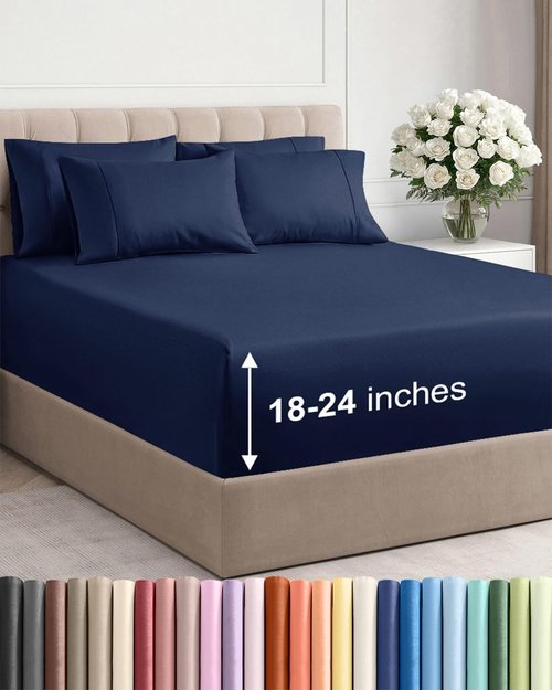 Extra Deep King Sheet Set - 6 Piece Breathable and Cooling Sheets - Hotel Luxury Bedding for Women, Men, Kids & Teens - Easy Secure Fit - Soft, Wrinkle Free and Comfy - Extra Deep Pockets - Navy Blue