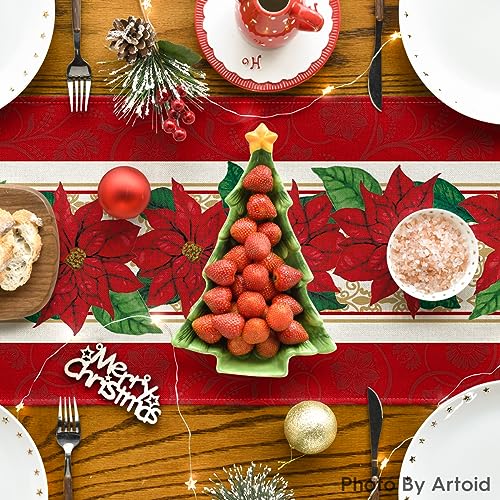Poinsettia Xmas Table Runner 13x72 Inch - Red Holiday Home Decor