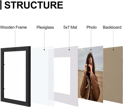 Vittanly 8x10 Picture Frames Set of 9 - Shatter Resistant Plexiglass for 5x7 or 8x10 Photos | Black