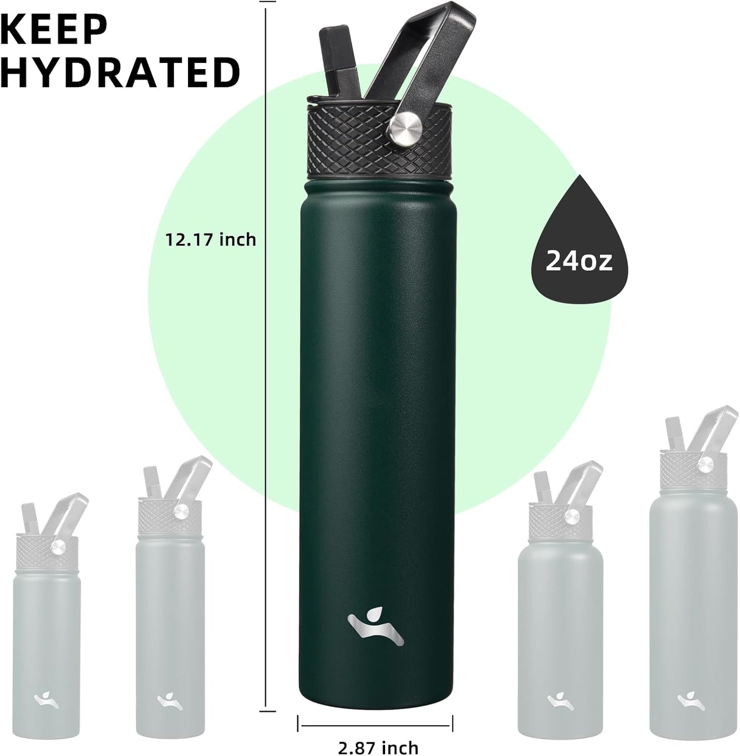 Skiennix Insulated Water Bottle - 24oz Stainless Steel Sport Bottle with 3 Lids | Army Green