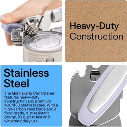 Gorilla Grip Heavy Duty Can Opener - Stainless Steel with Comfortable Handle & Oversized Knob | Lavender