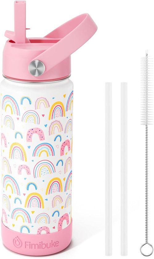 Fimibuke Kids Insulated Water Bottle - 18oz BPA-Free Stainless Steel Tumbler with Straw | Leak-Proof Rainbow Design