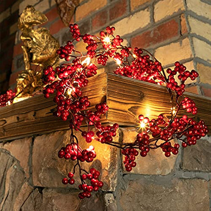 Christmas Red Berry Garland with Lights - 6 ft Battery-Operated Decor (Red / 1)