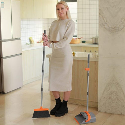Ivandar Broom and Dustpan Set - Long Handle Combo for Home & Office | Gray & Orange Indoor/Outdoor Use