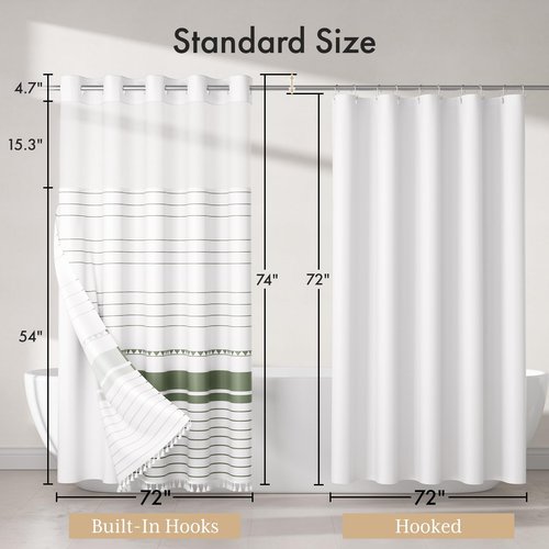AmazerBath Boho Sage Green Shower Curtains for Bathroom, Heavy No Hook Shower Curtain and Liner Set, Striped Fabric Shower Curtain Farmhouse with Tassels, Washable & Waterproof, 74"x72"