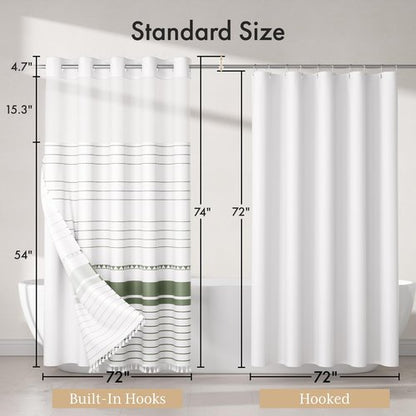 AmazerBath Boho Sage Green Shower Curtains for Bathroom, Heavy No Hook Shower Curtain and Liner Set, Striped Fabric Shower Curtain Farmhouse with Tassels, Washable & Waterproof, 74"x72"