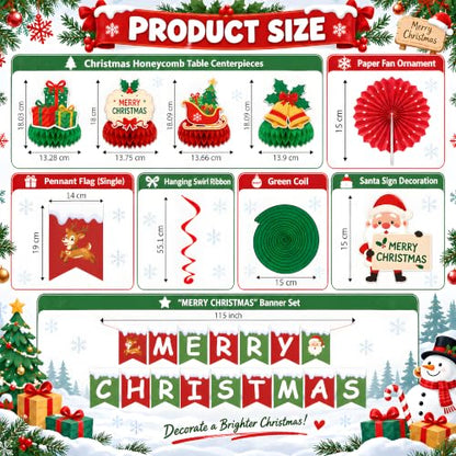 Christmas Decorations Set - Red White Green Xmas Banner Paper Fans Swirls & Honeycomb