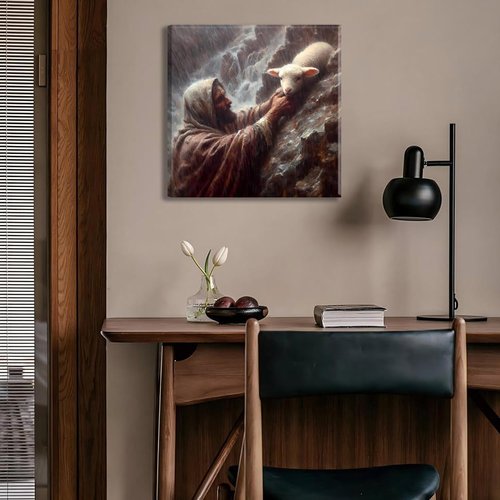 Jesus and Lamb Canvas Wall Art - Inspiring Christian Decor for Living Room, Bedroom, or Office