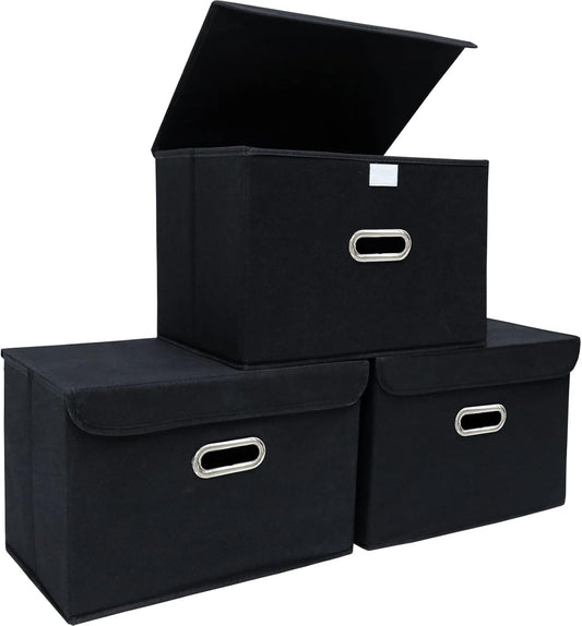 STOREONE Fabric Storage Cube Bins - Foldable Organizer with Lids & Metal Handles | Black, Set of 3