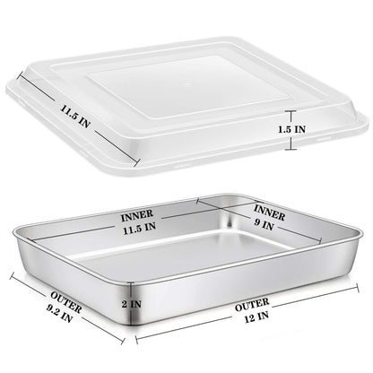 E-far Stainless Steel Baking Pan with Lid, 12⅓ x 9¾ x 2 Inch Rectangle Sheet Cake Pans with Covers Bakeware for Cakes Brownies Casseroles, Non-toxic & Healthy, Heavy Duty & Dishwasher Safe