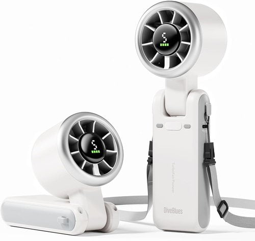 Diveblues Portable Handheld Turbo Fan - 5-Speed Wind, Battery Operated, 12-Hour Runtime, Silver White