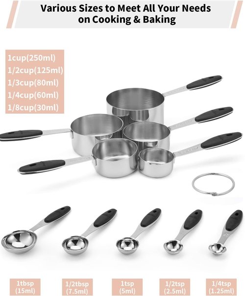 Joyhill Stainless Steel Measuring Cups Set - 10-Piece Nesting Design with Soft Touch Silicone Handles | Black