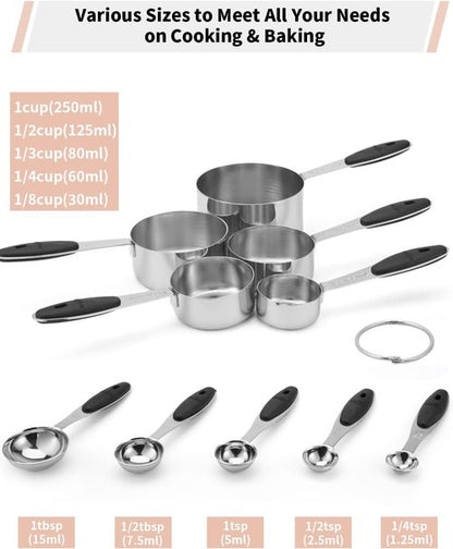 Joyhill Stainless Steel Measuring Cups Set - 10-Piece Nesting Design with Soft Touch Silicone Handles | Black