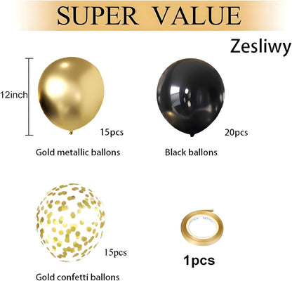 Zesliwy Black & Gold Confetti Balloons - 50 Pack Metallic Latex for Birthday & Graduation Celebrations