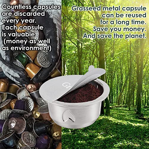 Grasseed Refillable Vertuo Capsule, Reusable Stainless Steel Vertuo Pod Kit with 40 Foil Lids, Spoon, Brush, Brew 7.8oz- Compatible with Vertuoline Machine