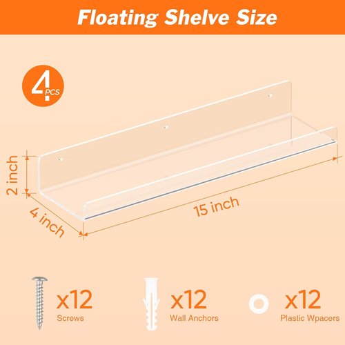 Dooiclear Floating Wall Shelves - 15" Clear Acrylic Display Shelves for Home & Office Decor