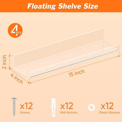 Dooiclear Floating Wall Shelves - 15" Clear Acrylic Display Shelves for Home & Office Decor