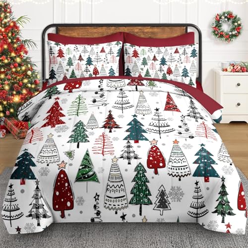 WeCozy King Christmas Comforter Set with Sheets - 7 Pieces Winter Bedding, Xmas Tree Variation