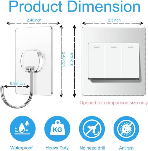 JINSHUNFA Heavy Duty Adhesive Wall Hooks - 13LB Capacity, Waterproof, Transparent | 8 Pack for Bathroom & Kitchen