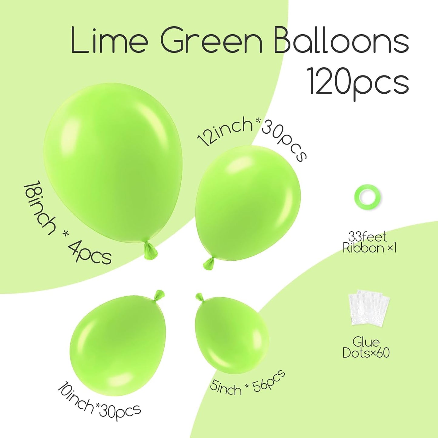 Skiennix Lime Green Balloons - 120pcs in 5-18 Inch Sizes for Dinosaur Baby Shower & Birthday Party Decor
