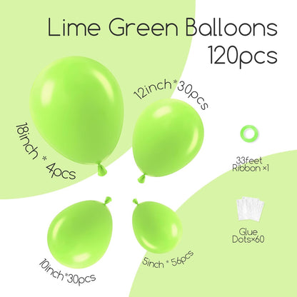 Skiennix Lime Green Balloons - 120pcs in 5-18 Inch Sizes for Dinosaur Baby Shower & Birthday Party Decor