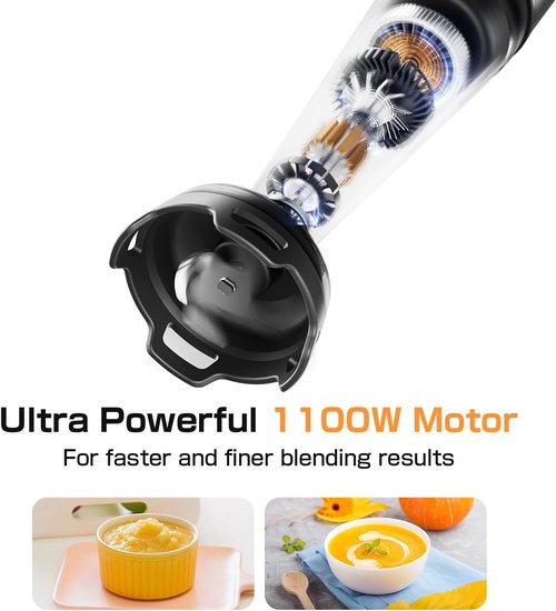 Immersion Blender 1100W - 3-in-1 Handheld Set with Speed Control, Whisk & Milk Frother for Smoothies & Soups