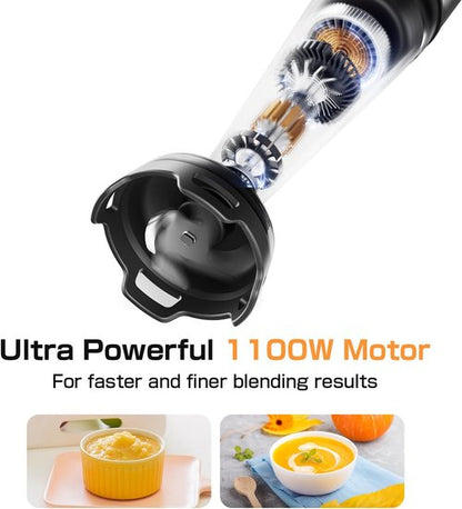Immersion Blender 1100W - 3-in-1 Handheld Set with Speed Control, Whisk & Milk Frother for Smoothies & Soups
