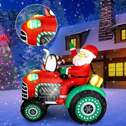 5ft Christmas Inflatable Santa Tractor with Penguin & Lights Outdoor Yard Decor