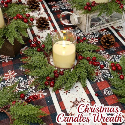 Christmas Candle Wreaths with Red Berries - Pack of 24, 3.7 Inch