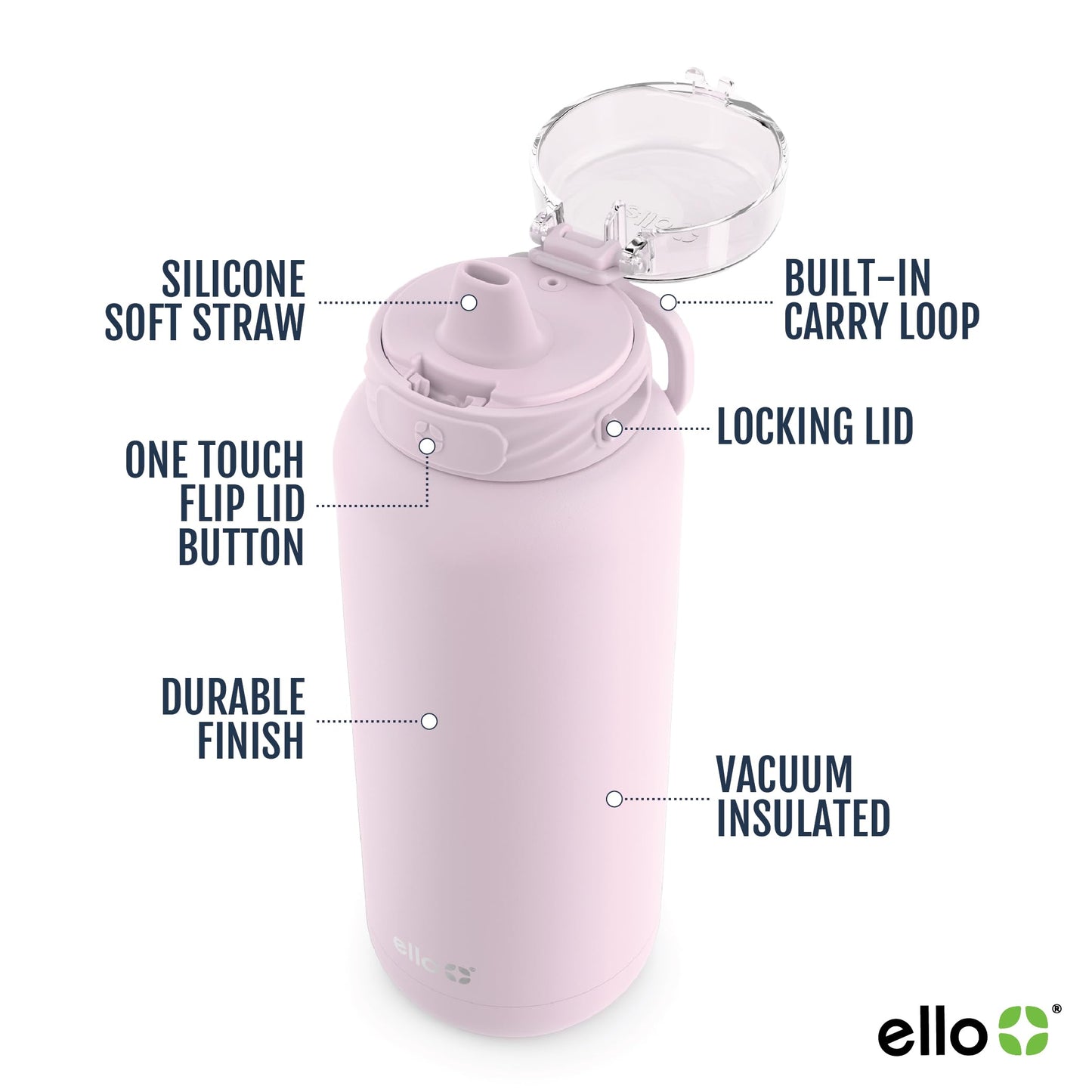 Ello Cooper 22oz Stainless Steel Water Bottle with Straw and Carry Handle, Double Walled and Vacuum Insulated Metal, Leak Proof Locking Lid with Soft Silicone Spout, Reusable, BPA Free, Cashmere Pink