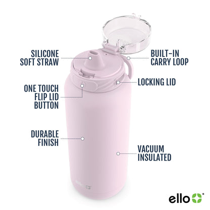 Ello Cooper 22oz Stainless Steel Water Bottle with Straw and Carry Handle, Double Walled and Vacuum Insulated Metal, Leak Proof Locking Lid with Soft Silicone Spout, Reusable, BPA Free, Cashmere Pink