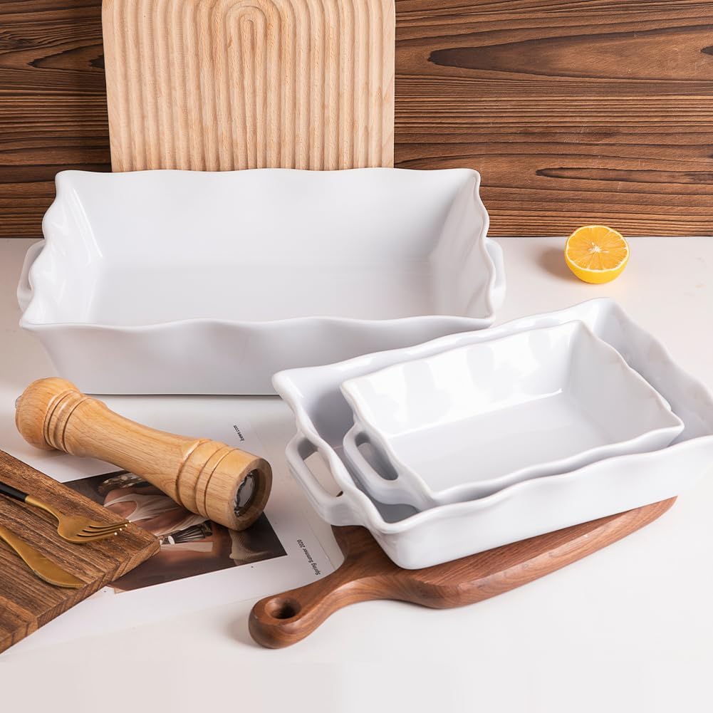 Sweejar Casserole Dishes - Ceramic Bakeware Set of 3 | Rectangular Baking Dish with Handles, White