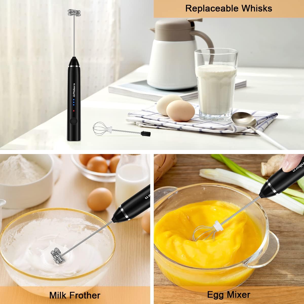 Philorn Milk Frother - Handheld Electric Whisk for Lattes, Cappuccino & More | Rechargeable Mini Foamer (Black)