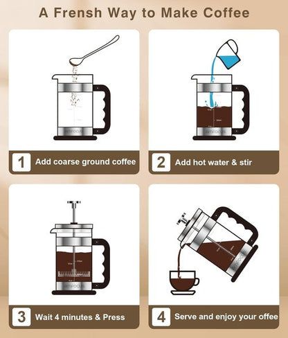 French Press Coffee Maker - 21oz Classic Glass Pot | Heat-Resistant Borosilicate with 4-Level Filters