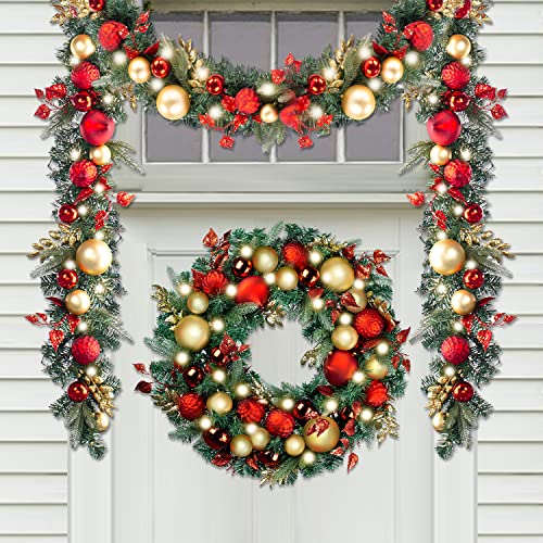 Pre-Lit Christmas Wreath and Garland with 50 LED Lights Red Gold Theme