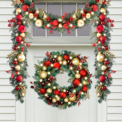 Pre-Lit Christmas Wreath and Garland with 50 LED Lights Red Gold Theme