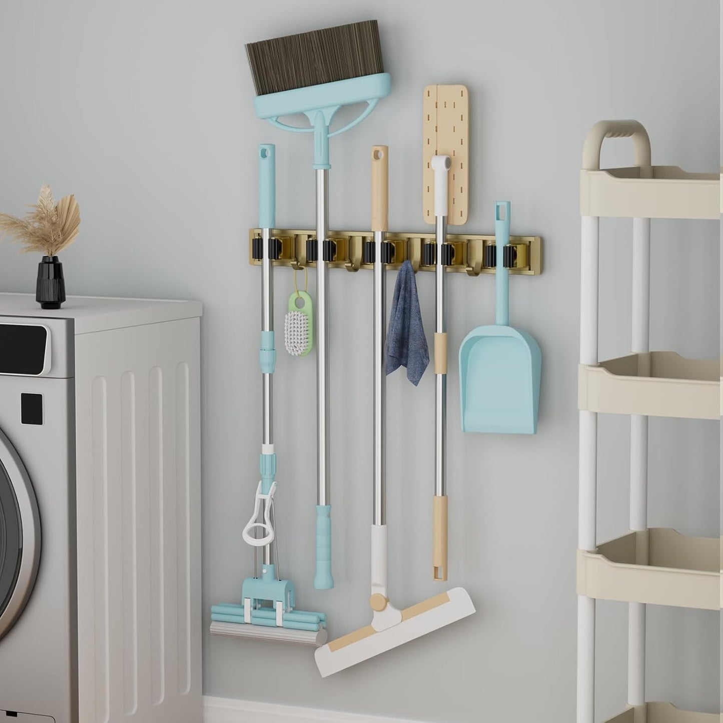 Reliahom Broom Holder - Wall Mount 5 Racks & 4 Hooks | Bronze Mop Storage Organizer for Garage, Kitchen, Garden, Laundry Room
