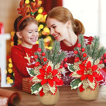 2 Pcs Artificial Christmas Poinsettia Flowers with Holly Berries - Holiday Decor