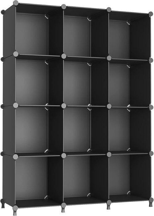 AWTATOS Cube Storage Organizer - Stackable 12-Cube Bookshelf for Closet & Home | Black
