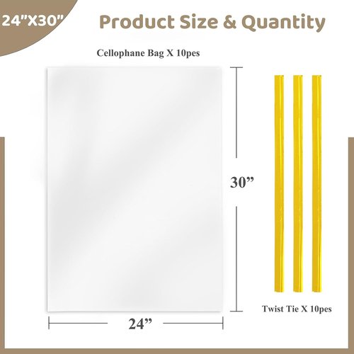 Clear Gift Bags 10 PCS 24x30 Inches Large Cellophane Wrap for Gift Baskets Wrapping Plastic with Ties for Gift Giving, Packaging Products