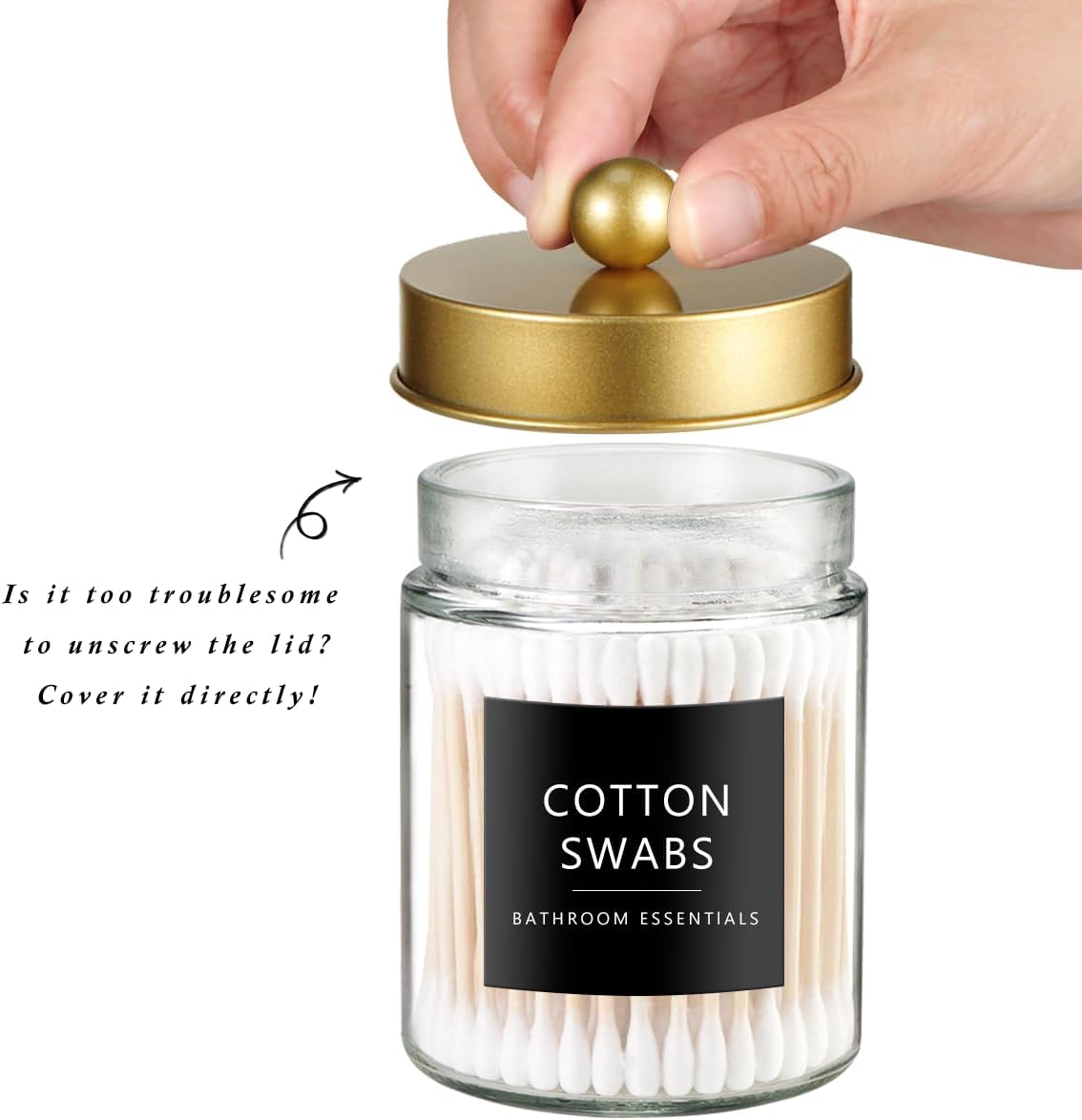 SheeChung Qtip Dispenser Holder Set - 4 Glass Apothecary Jars with Gold Lids & Stickers | Bathroom Storage Organizer