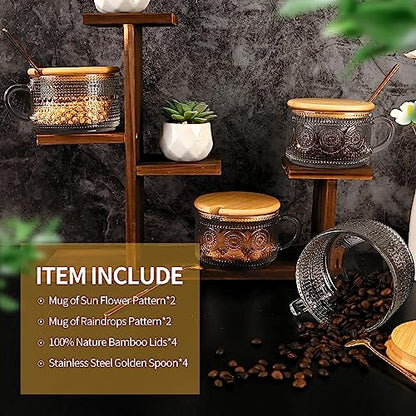 Vintage Glass Coffee Tea Cups Set - 4 Pack 14 oz Embossed Clear Mug with Handles & Spoons