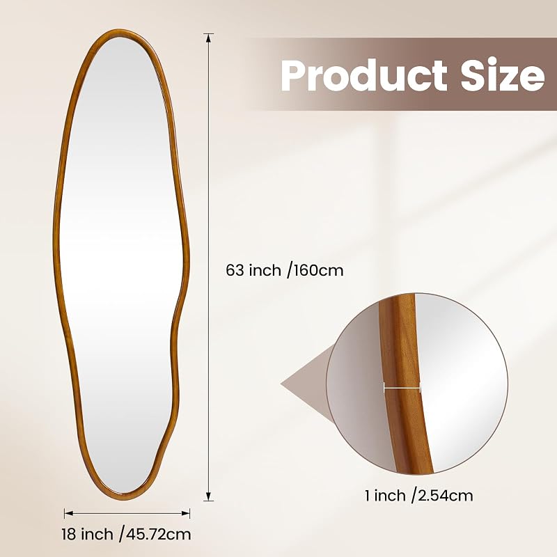 Irregular Full Length Mirror 63x18 in with Solid Wood Frame - Asymmetrical Wall Mirror
