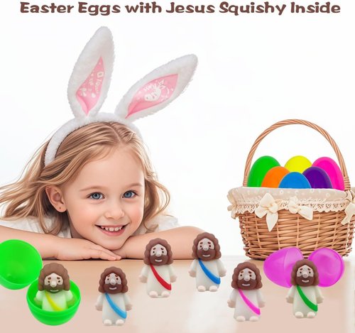 Jofan 24 Pack Plastic Prefilled Easter Eggs - Mini Jesus Mochi Squishy Toys Inside | Perfect for Kids' Easter Baskets