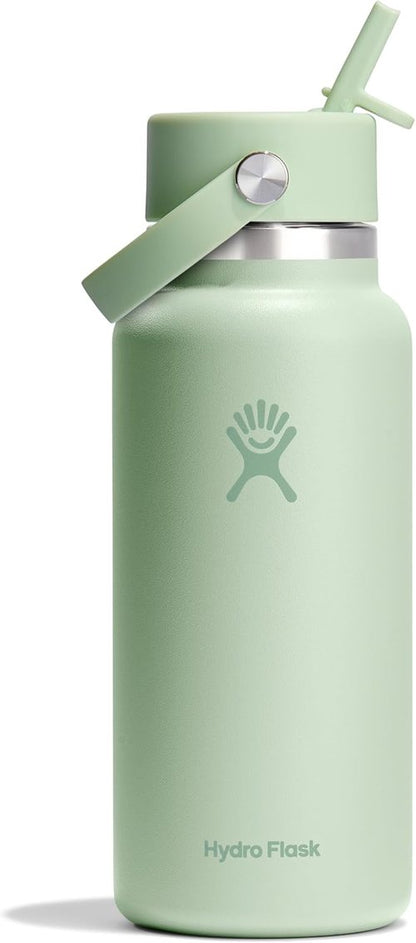 Hydro Flask Water Bottle - Insulated Stainless Steel - 32 Oz Aloe Green with Wide Mouth Flex Straw Lid