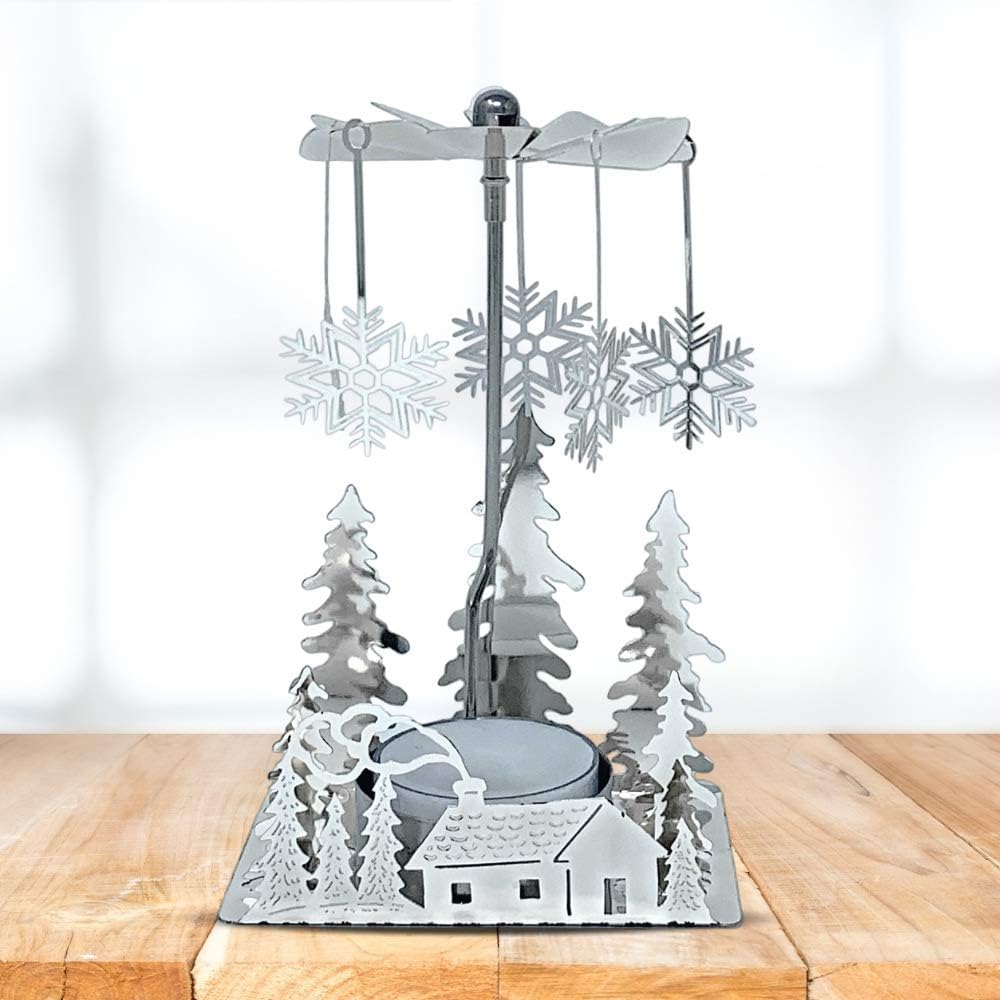 Skiennix Winter Holiday Cabin Silver Candle Spinner - Silver Plated Laser Cut Scene - 5" Tea Light Holder